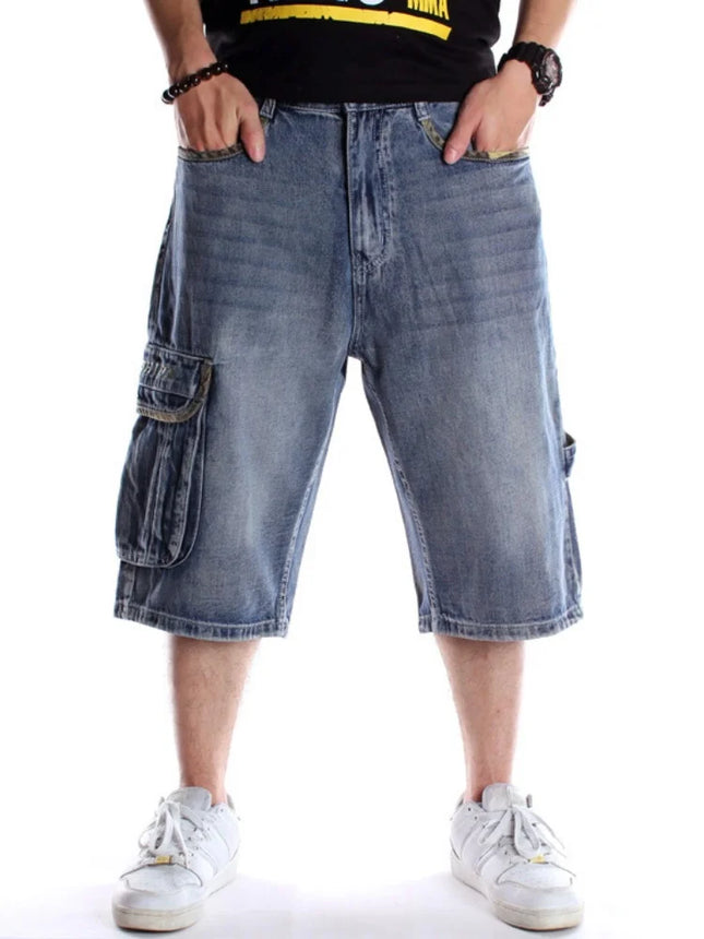 Multi pocket European and American skateboarding pants with fat and plus size hip-hop denim shorts for men, trendy cropped pants