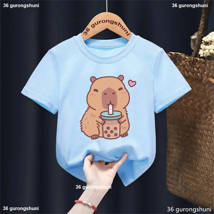 Funny T-Shirt Capybara With Turtle Loves Bubble Milk Tea Printed T-Shirt Girls/Boys Kawaii Kids Clothes Harajuku Shirt Tops