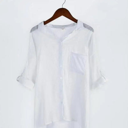 Women's Japanese Style Sun-Protective Linen Shirt Loose 3/4 Sleeve Stand-Up Collar Fresh And Comfortable Linen Blend