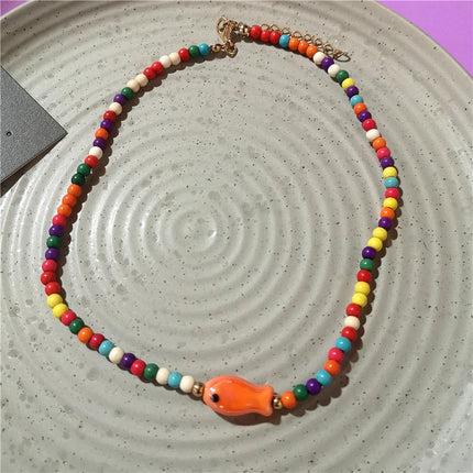 Cute Orange Ceramic Fish Starfish Pendant Beaded Choker Necklace For Women Seaside Vacation Bohemian Harajuku Charm Accessories