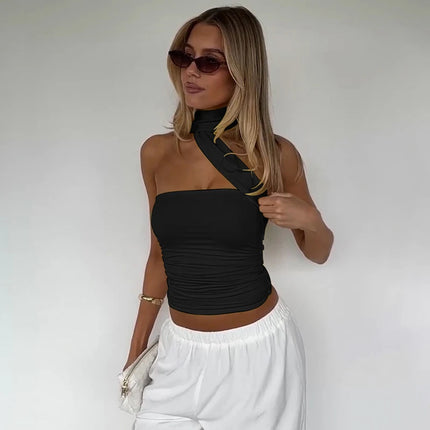 Hugcitar Women Elegant Halter Scarf Strapless Ruched Solid Sexy Slim Crop Tank Top 2025 Summer Casual Clothes Streetwear Party