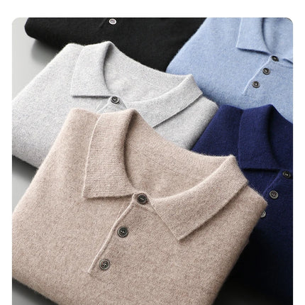 Men's POLO Collar Knitted Pullover Sweater 100% Cashmere Long Sleeved Shirt Casual Business Solid Color Men's Tops Autumn Winter