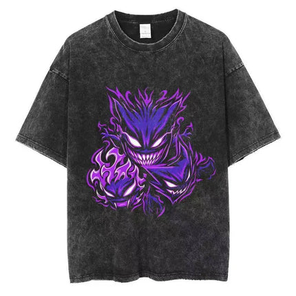 2026 Anime Washed Vintage Summer Pokemon Gengar Short Sleeve Tee Graphic T-Shirt Man Women Cosplay Casual Tops Y2k Streetwear