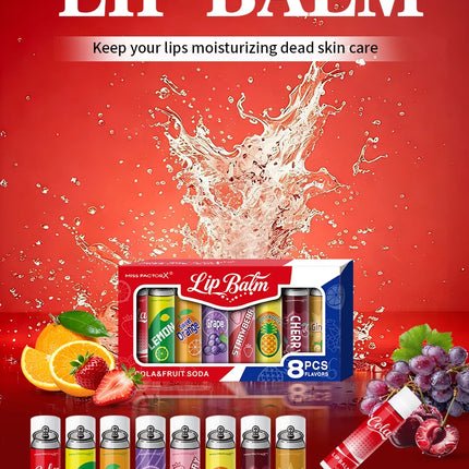 8PCS Soda-Inspired Lip Balm Set, Long-Lasting Moisture & Anti-Chapping, 8 Scents, Ideal for Daily Use & Holiday Gift Giving