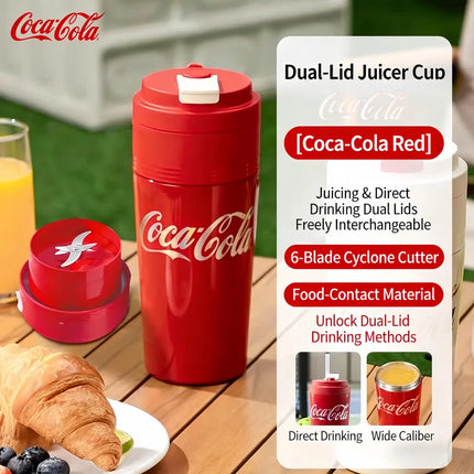 Coca-Cola 2-in-1 Portable Juicer Cup & Thermos 600ml Wireless USB Rechargeable 3000mAh 6-Blade Blender