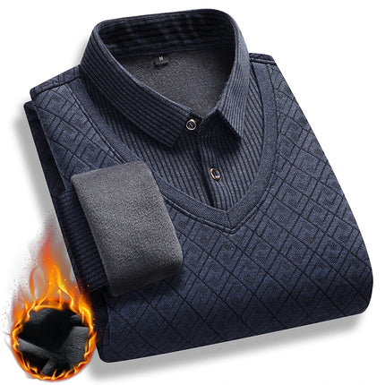 Winter Warm Thick Pullovers Men Polo Neck Fake Two Pieces Sweaters Fashion Casual Striped Fleece Lined Jumper Knitting Sweaters