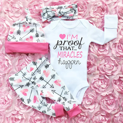4Pcs Baby Girls Clothes Sets Newborn Letter Print Long Sleeve Romper Tops Pants Hat Headband Summer Autumn Baby Outfits 0-24M