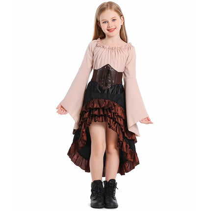 Kid Pirate Retro Cosplay Irregular Ruffled Skirt Girl High Waist Dress Children Halloween Carnival Party Performance Costume Set