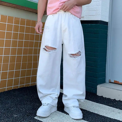2026 Trendy Brand White Ripped Wide-Leg Jeans for Men Loose Straight-Leg Casual Cool Style