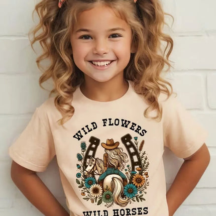 Girl Clothes Cow Girl Riding Horse 3D Print T-Shirt Western Festival Casual Top Summer Short Sleeve Outdoor Children's Clothing