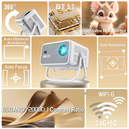 Velec New Projector 8K Video Decode 650 ANSI 1080 Auto Focus Android 14 Smart Portable Outdoor Movie Projector Home Theater