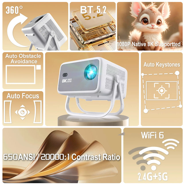 Velec New Projector 8K Video Decode 650 ANSI 1080 Auto Focus Android 14 Smart Portable Outdoor Movie Projector Home Theater