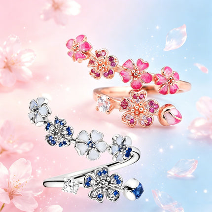FTCY S925 Silver Rose Enamel Peach Blossom Crystal Ring For Women Simple Fine Ring Wedding Party Wholesale Jewelry