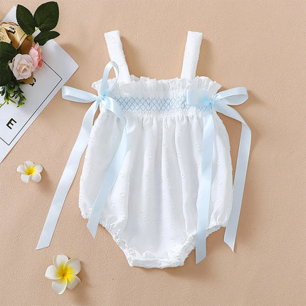 Baby Girl Summer Romper Floral Jacquard Sleeveless Suspender Romper with Satin Bow
