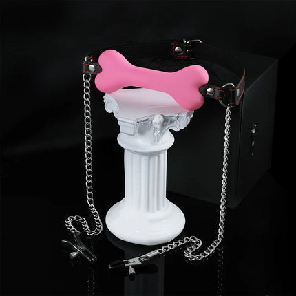 BDSM Silicone Bone Gag with Red Stitching Puppy Play Pet Play Role Play Adjustable Leather Strap Bondage Adult Toy for Couples