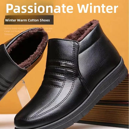 Men's Winter Thickened High-Top Cotton Shoes Warm Fleece Lined Leather Boots Anti-Slip Comfortable for Elderly And Dad