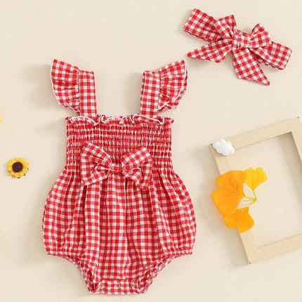 FOCUSNORM 0-18M Lovely Baby Girls Summer Romper Outfits Fly Sleeve Plaid Print Ruffles Boknot Jumpsuits with Headband