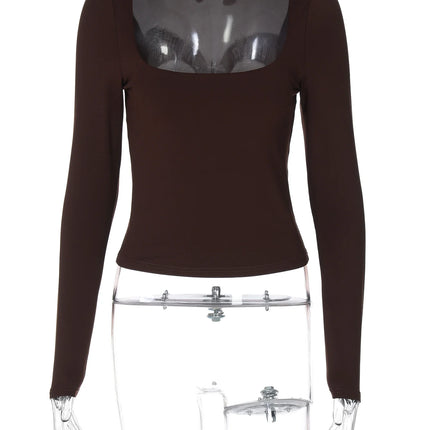 Dulzura Autumn Fashion Sexy Square Collar Long Sleeve Slim T-Shirt Women's Solid Casual Top Party Club Street Clothes Wholesale