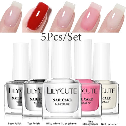 LILYCUTE 7ml 5Pcs Nail Base Top Polish Set Nail Care Polish Milky White Pink Strengthener Nail Hardener Kit Nail Art Varnish