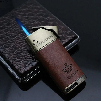 Refillable Butane Gas Lighter with Leather Cover Metal Windproof Turbo Torch Lighters Outdoor Portable Cigar Lighter Men's Gifts