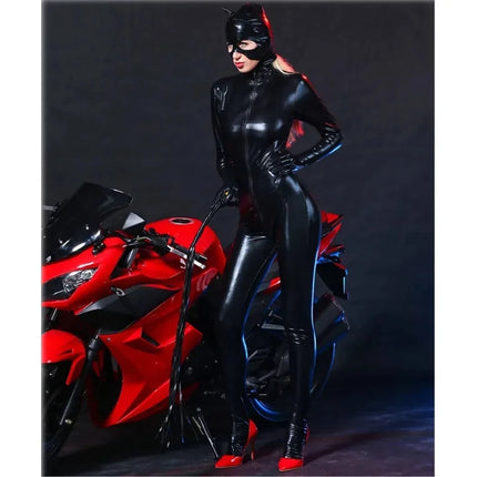 Sexy Latex Catsuit with Mask Faux Leather Cat Girl Jumpsuit PVC Bodysuit Nightclub One-piece Bodystocking Fetish Erotic Costumes