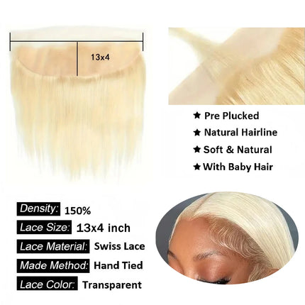 613 13x6 Lace Frontal Only 100% Human Hair 4x4 Straight Transparent Swiss Lace Closure Honey Blonde Pre-Plucked With Baby Hair