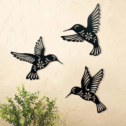 3Pcs/Set Black Metal Hummingbird Wall Decor Hollow Out Iron Art Bird Sculpture Ornament Waterproof Hanging Figurines