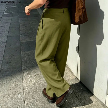INCERUN Men's Pants Solid Color Lace Up Joggers Loose Casual Men Bottoms Streetwear 2026 Fashion Leisure Wide Leg Pants For Man