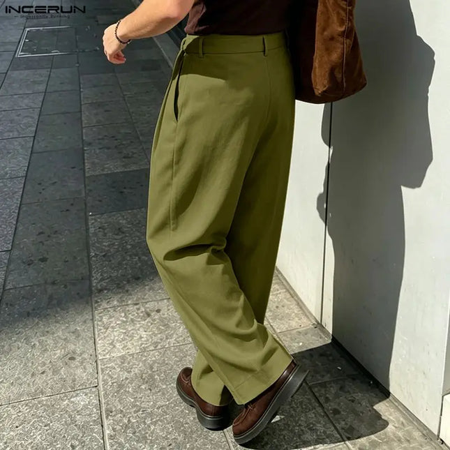INCERUN Men's Pants Solid Color Lace Up Joggers Loose Casual Men Bottoms Streetwear 2026 Fashion Leisure Wide Leg Pants For Man