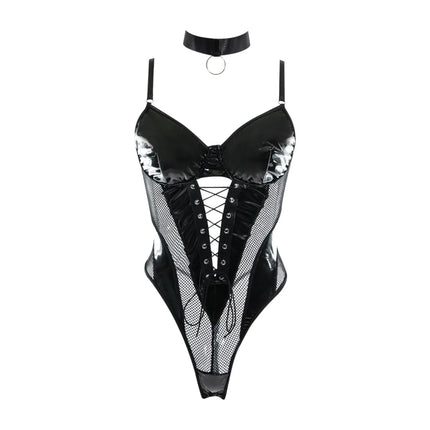PU Leather Bodysuit Gothic Fishnet Lingerie Nightclub Fetish Wear Corset Lace Up Sheer Strappy BDSM Edgy See-Through Catsuit