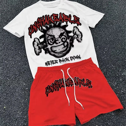 Spring And Summer American Trend 3D Printed Skull Men's Round-neck Top And Shorts, Hip-hop Style Trendy And Cool 2pcs Set