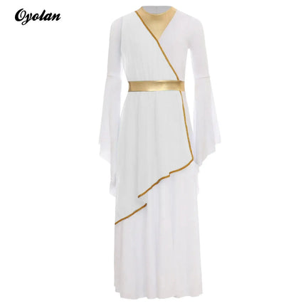 Girls Halloween Ancient Greek Princess Cosplay Costume Roman Toga Dress Long Sleeve Church Choir Robe Overlay Tunic Dress