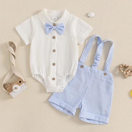 Pudcoco Baby Boy Gentleman Outfit Solid Color Short Sleeve Lapel Neck Romper with Stripe Suspender Shorts and Bowtie 0-18M