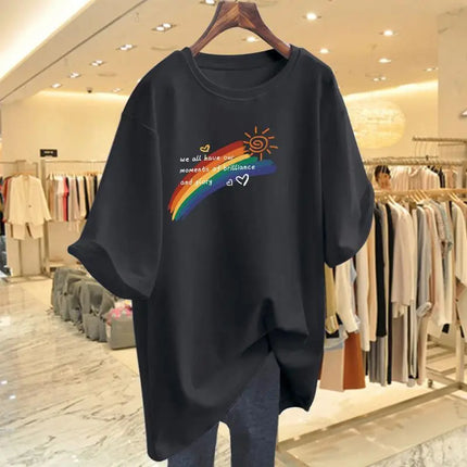 Women Clothing Fashion Hand-Painted Rainbow Print Tshirt Summer O-neck Short Sleeve 100 Cotton Basic Tee Loose Chic Top 45-105Kg