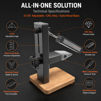All-in-One Fixed Angle Sharpener, Premium CNC Alloy Metal Knife Sharpening Kit, Universal Clamp & Whetstone Holder, Wooden Base