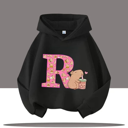 A-Z Kapibara cartoon printed children's hoodie, suitable for autumn outdoor casual tops for boys and girls, with hooded pullover