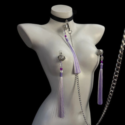 Purple Women's Fringe Nipple Clamps, SM Collar, Butt Plug, Bells, Couples' Teasing Adult Toys, Nipple Stimulation Sex Product