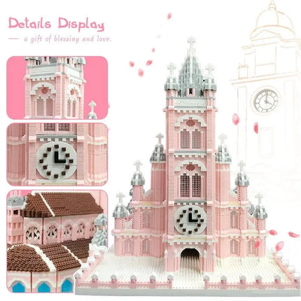 7000Pcs World Architecture Model Pink Church of the Sacred Heart Micro Building Blocks DIY Architecture Toys - Display Gift Set