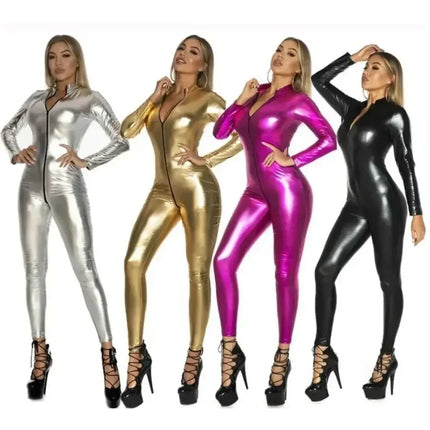 Women Sexy Lingerie Faux Leather Catsuit PVC Latex Bodysuit Open Zipper Latex Bodysuit Fetish Wear Sexy Jumpsuit