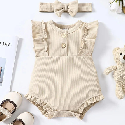 2PCS Summer Baby Girl Jumpsuit with Round Neck Butterfly Sleeve Design, Cute Sweet and Lively Princess Style Newborn Jumpsuit