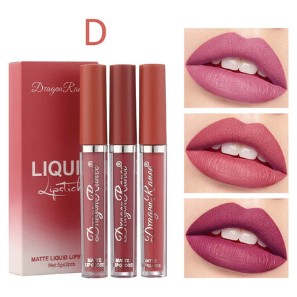 3Pcs/box Liquid Lipstick Set Matte Velvet Lip Gloss Set  Waterproof Liquid Lipstick Lip Non Stick Cup Lip Gloss Makeup