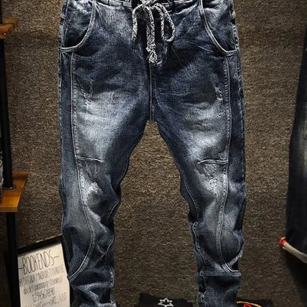 Autumn and Spring New Fashion Retro Straight Leg Elastic Harlequin Pants for Men Loose Sports High Quality Denim Long Pants