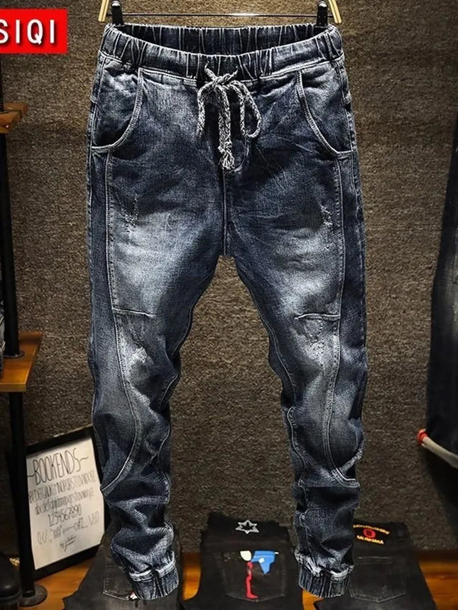 Autumn and Spring New Fashion Retro Straight Leg Elastic Harlequin Pants for Men Loose Sports High Quality Denim Long Pants