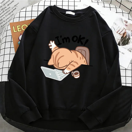 Funny Womens Solid Hoodies Computer Cat Basic Warm Fleece Sweatshirt Soft Breathable O-Neck Pullover Casual Female Clothes