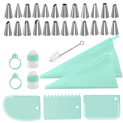 34pcs Piping Tips Set with TPU Bags & Scrapers - Icing Nozzles,Converters, Brush Complete Cake Decorating Kit for Beginners