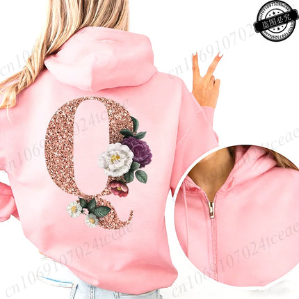 Women Zip Up Hoodies Rose Gold Letter A~Z Zipper Jackets Coats Autumn Winter Hoody Sweatshirt Fashion Casual Zip Pink Hoodie Top