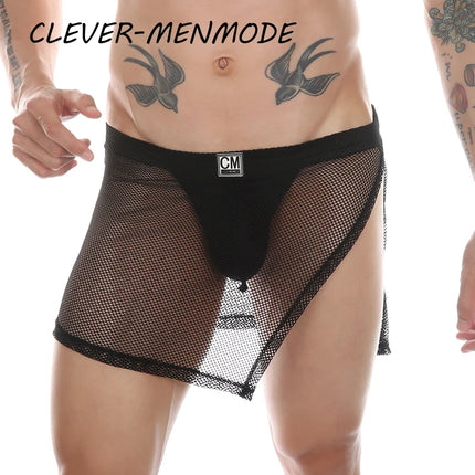 Sexy PU Side Opening Skirt Men's Faux Leather Boxer Shorts Elasticity Fashion Mini Slit Skirt Soft Leather Erotic Lingerie