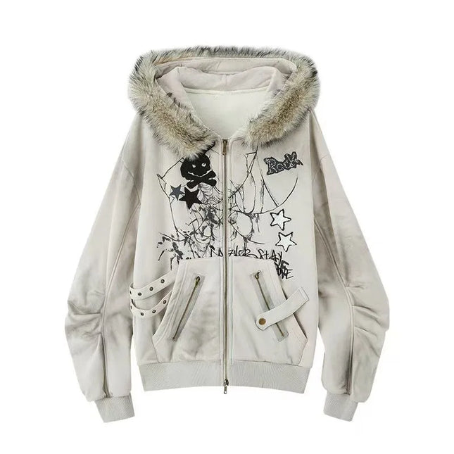 American Vintage Subculture Anime Printed Hoodie Autumn New Harajuku Fox Collar Design Coats Women's Fashion Y2k Loose Clothing