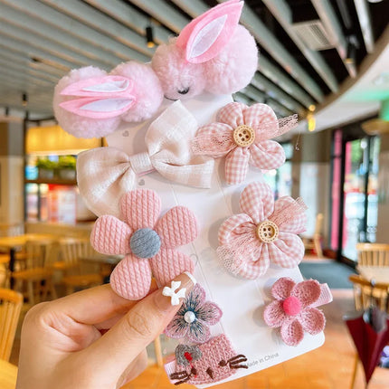 9Pcs/Set Kids Plush Hair Clips Cute Rabbit Children Side Clip Cartoon Baby Barrettes Winter Headdress Bow Flower Girls Hairpins