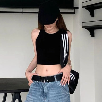 Y2K Women's Tops Backless Crop Top Sleeveless Sexy Cute Black Vest Tank Top Summer Cropped Vest Female 2000s Clothing